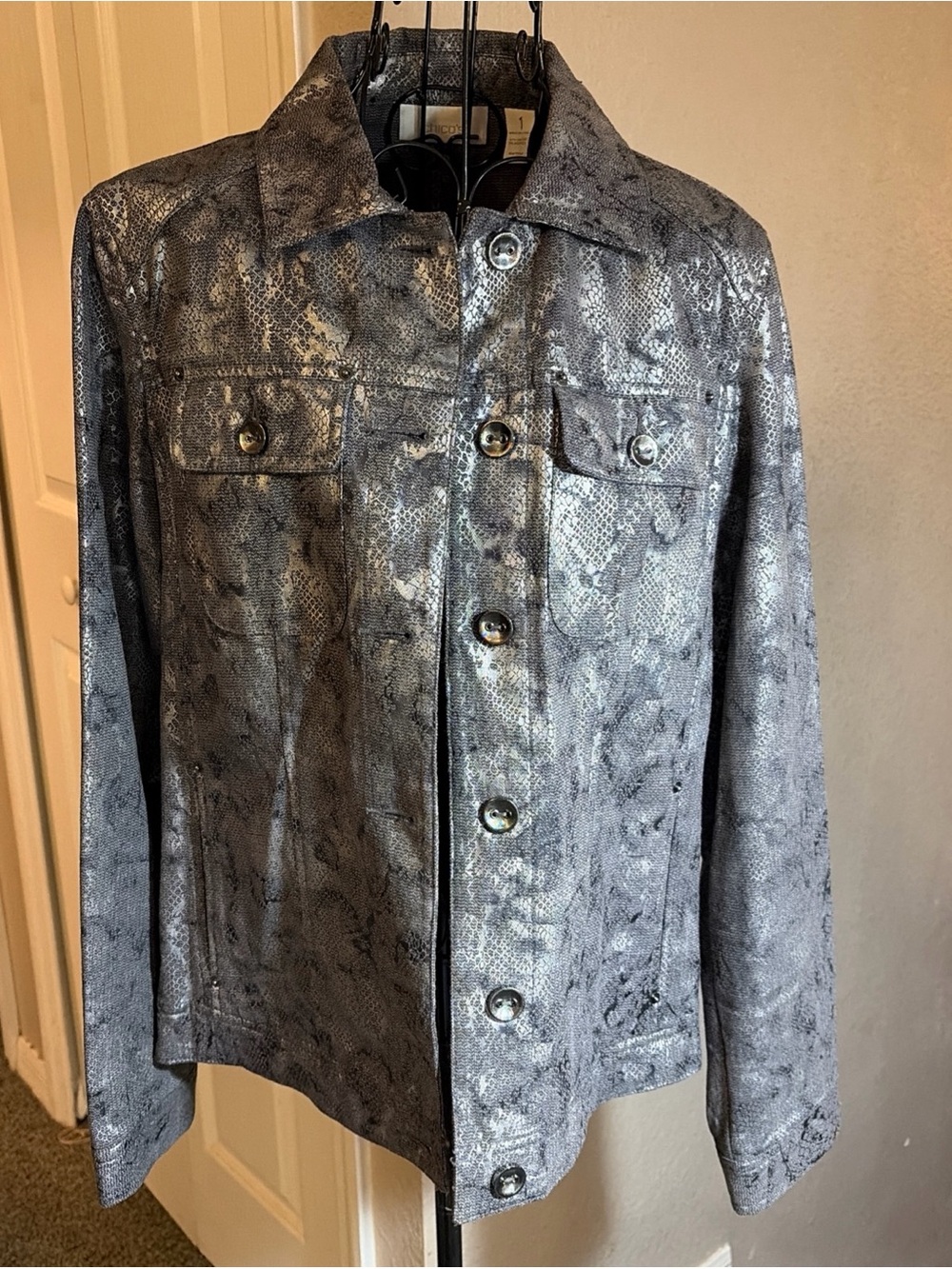 Chico's Silver Snake-Print Lightweight Button Jacket